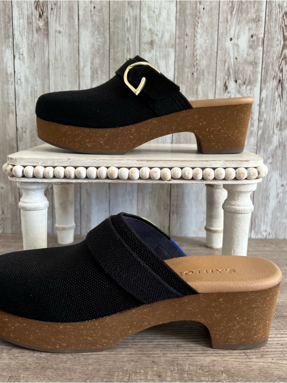 Rothy's Classic Clog Black Textured Platform Wedge Heeled Clogs New Size 7.5 - Picture 2 of 7